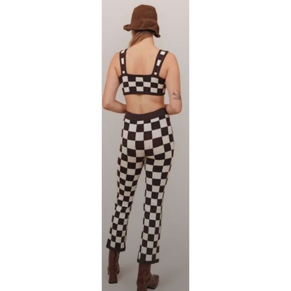BELLE THE LABEL Carob Brown Knit Checkerboard High Rise Trousers Pants Womens XS - Picture 2 of 7
